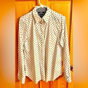 Chaps Women’s Size Large White Blouse Black Polka Dots Buttons Cotton Casual